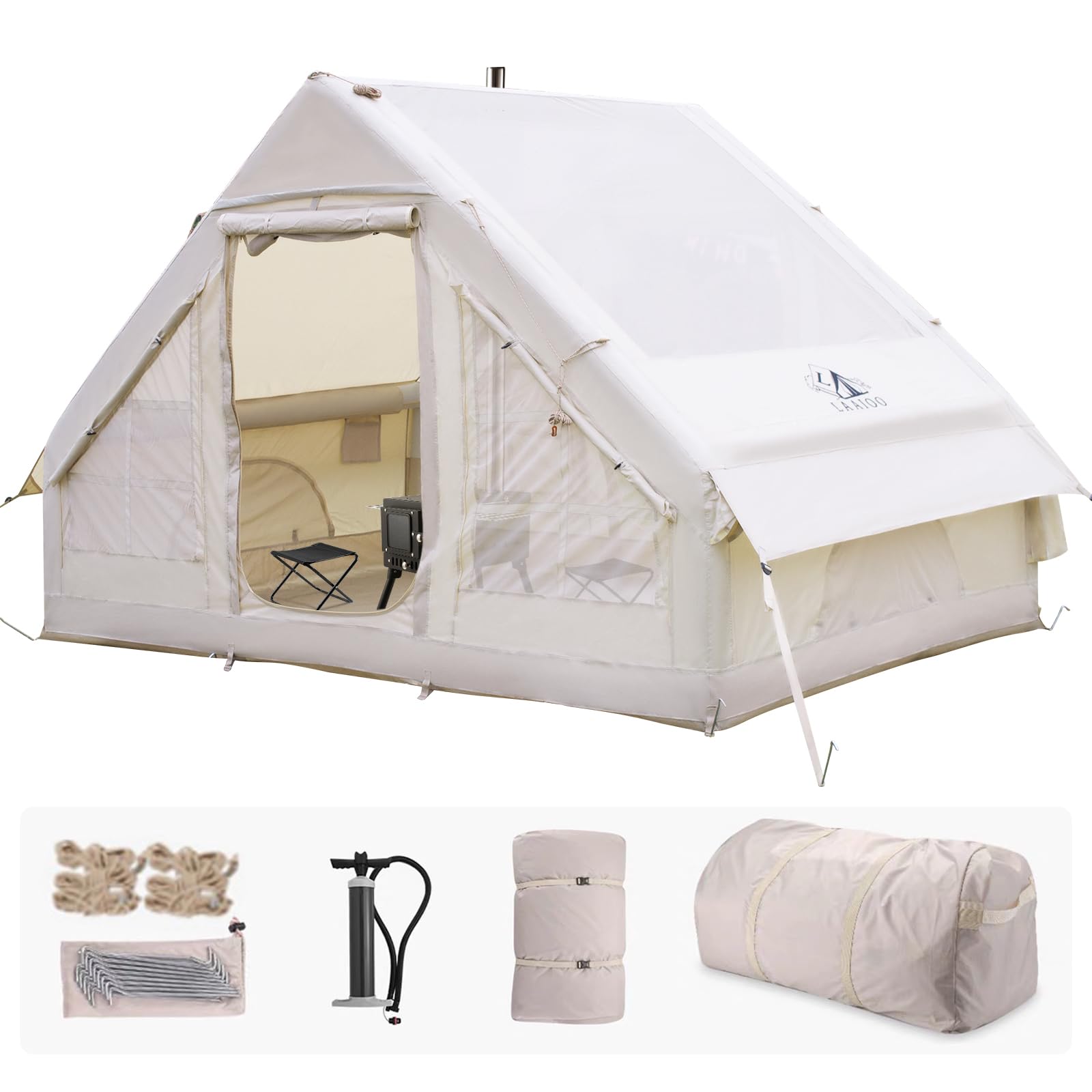 Automatic Inflatable Camping Tents, Air Glamping Tents, One-Touch Inflatable Waterproof and Windproof Blow up Tent, 4 Seasons Oxford Cabin Tent with Mesh & Chimney Window