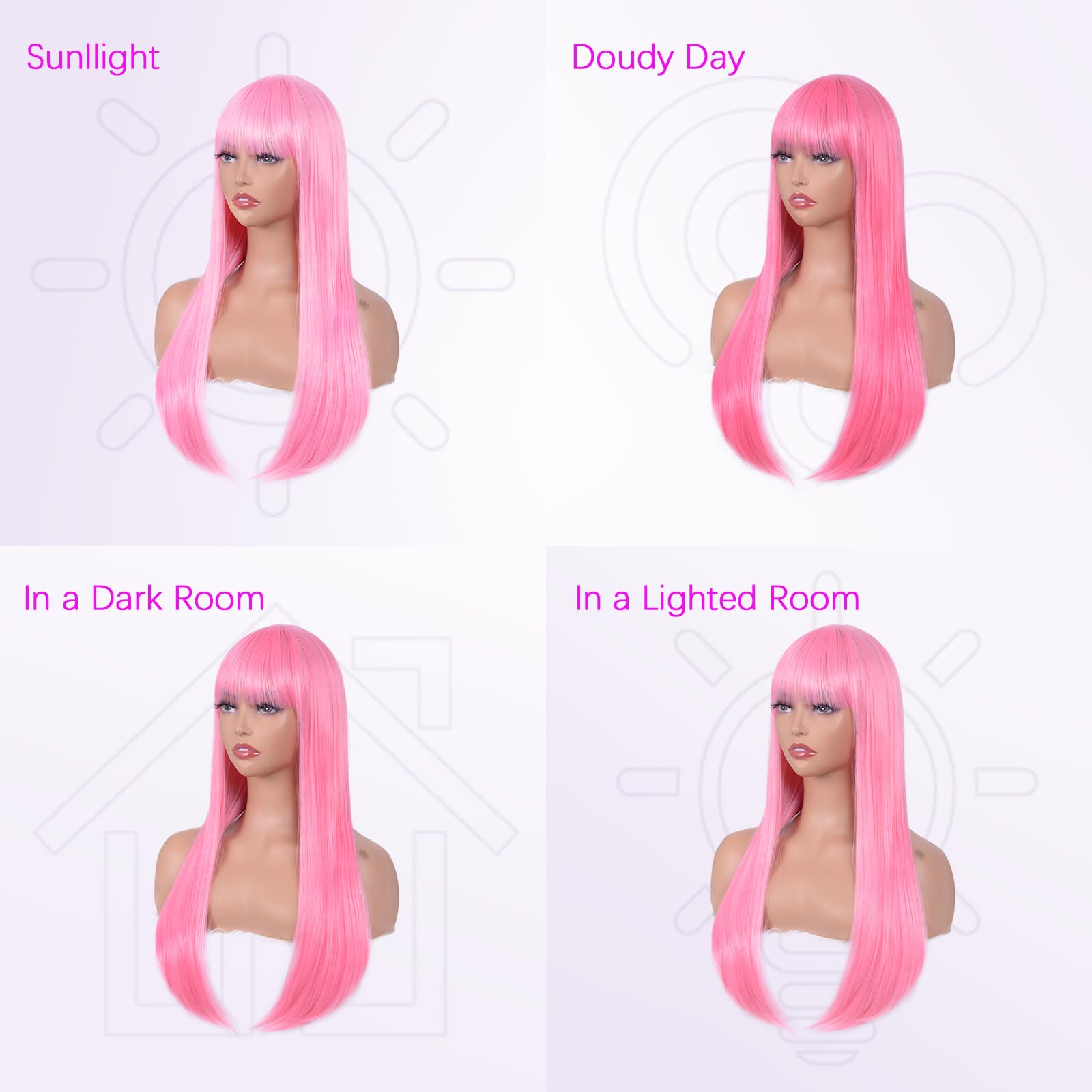 Ginger Wig with Bangs for Women – Long Straight Heat Resistant Synthetic Wig for Daily Use, Party, Halloween, Cosplay – 24 Inch Ginger Wigs for Girls: Straight Pink