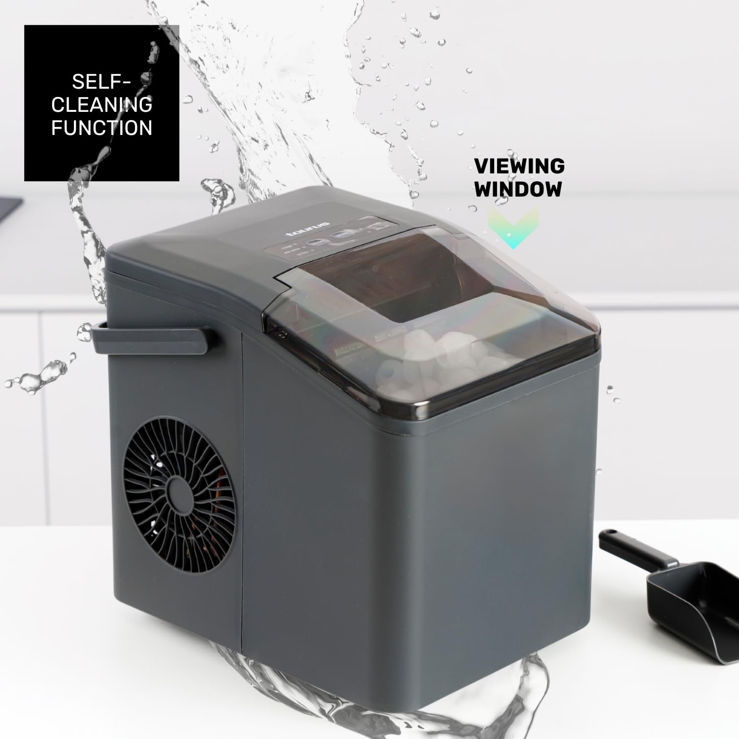 Taurus - Sorbetière 130W | 12kg/24h | Glace en 6min | 2 tailles: grand/petit | Silencieux | Autonettoyante | Fenêtre de contrôle | Portable avec poignée