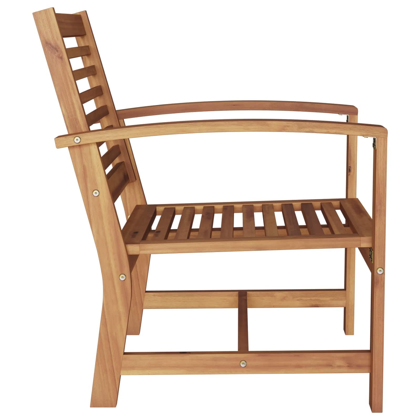 Set di mobili da giardino in legno di teak massiccio, 2 sedie marroni, 65 x 60 x 76,5 cm, con gambe quadrate per stabilità e design rustico.