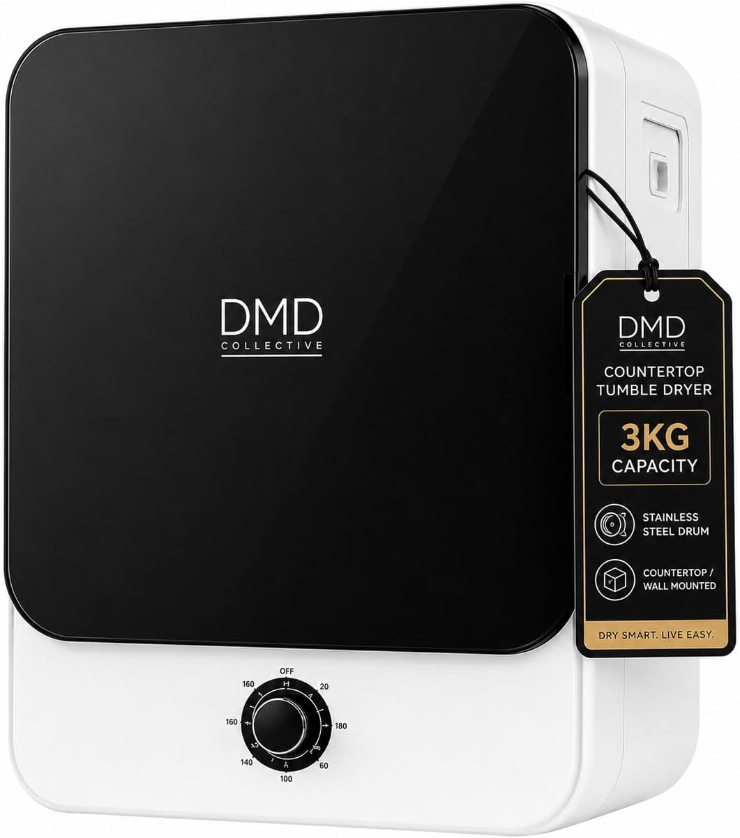 DMD Collective – 3kg Mini Vented Tumble Dryer, 830W Compact Laundry Dyer with 5 Drying Modes, Stainless Steel Tub & Overheat Protection, 180min Timer Countertop/Wall Mounted
