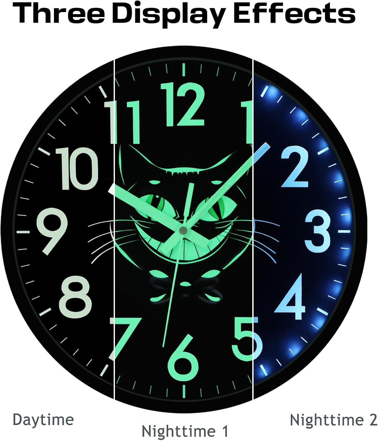 JoFomp 12 Inch Silent Illuminated Wall Clocks Battery Operated, Cat Wall Clock for Bedroom Night Glow, Glow in The Dark Wall Clocks for Living Room Decor, Sound Control Light Up Wall Clock for Kitchen