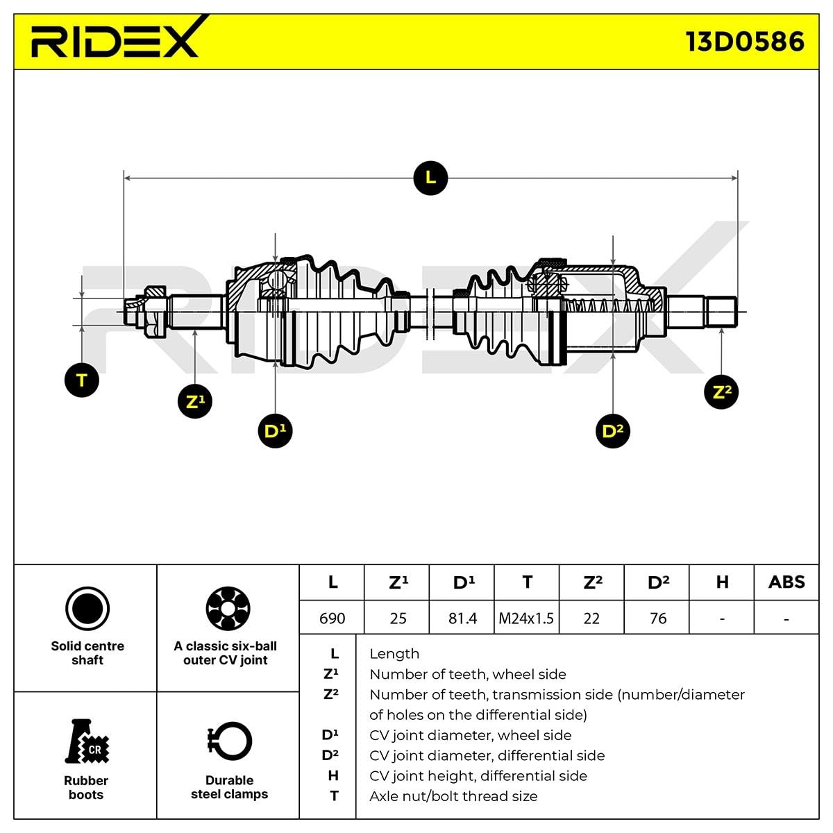 RIDEX 13D0586 Árbol de transmisión Delantero Izquierda Compatible con PEUGEOT BIPPER AA