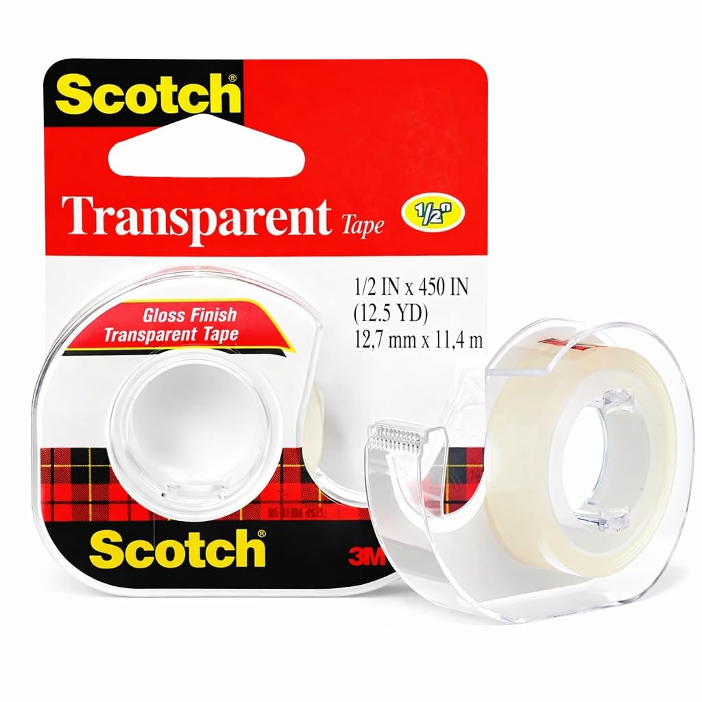 Scotch Transparent Tape on a Dispenser 1/2 x 450 in (12mm x 11.43m), 1 roll/dispenser | Clear Tape | Strong adhesive | Permanent | Wrapping, Sealing and Mending | Scotch Tape | Tape Dispenser