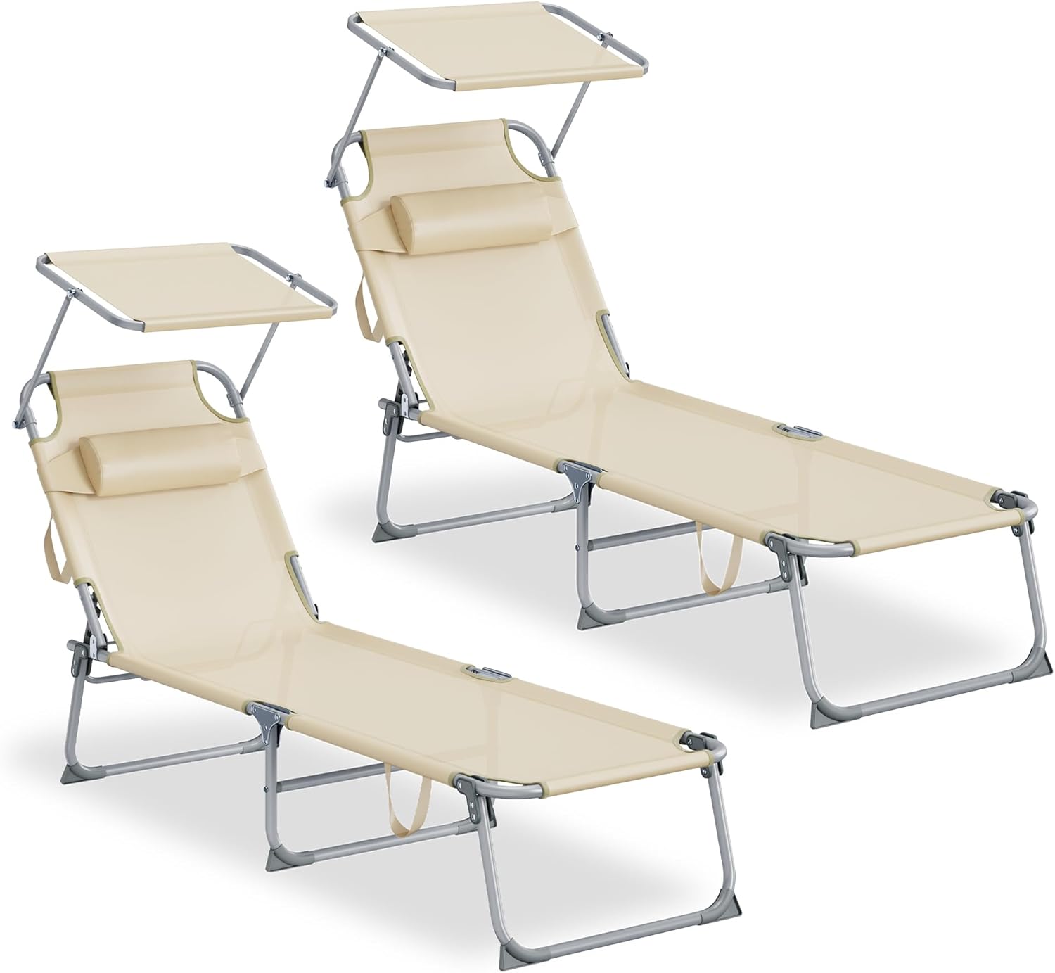 SONGMICS Sonnenliege klappbar, 2er Set, mit Kopfstütze, 189 x 53 x 28,5 cm, Gartenliege, belastbar bis 110 kg, verstellbare Sonnenblende und Rückenlehne, für Terrasse, Balkon, beige GCB292WZ02