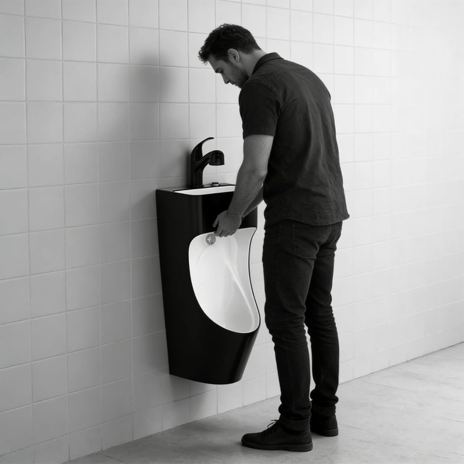 Urinal potties Wall Mounted Commercial Urinal Bathroom Washout for Men, Anti-Splash Urinals with Washbasin Public Toilet for Mens, Anti-Odor Integrated Pee Diverter(Black)