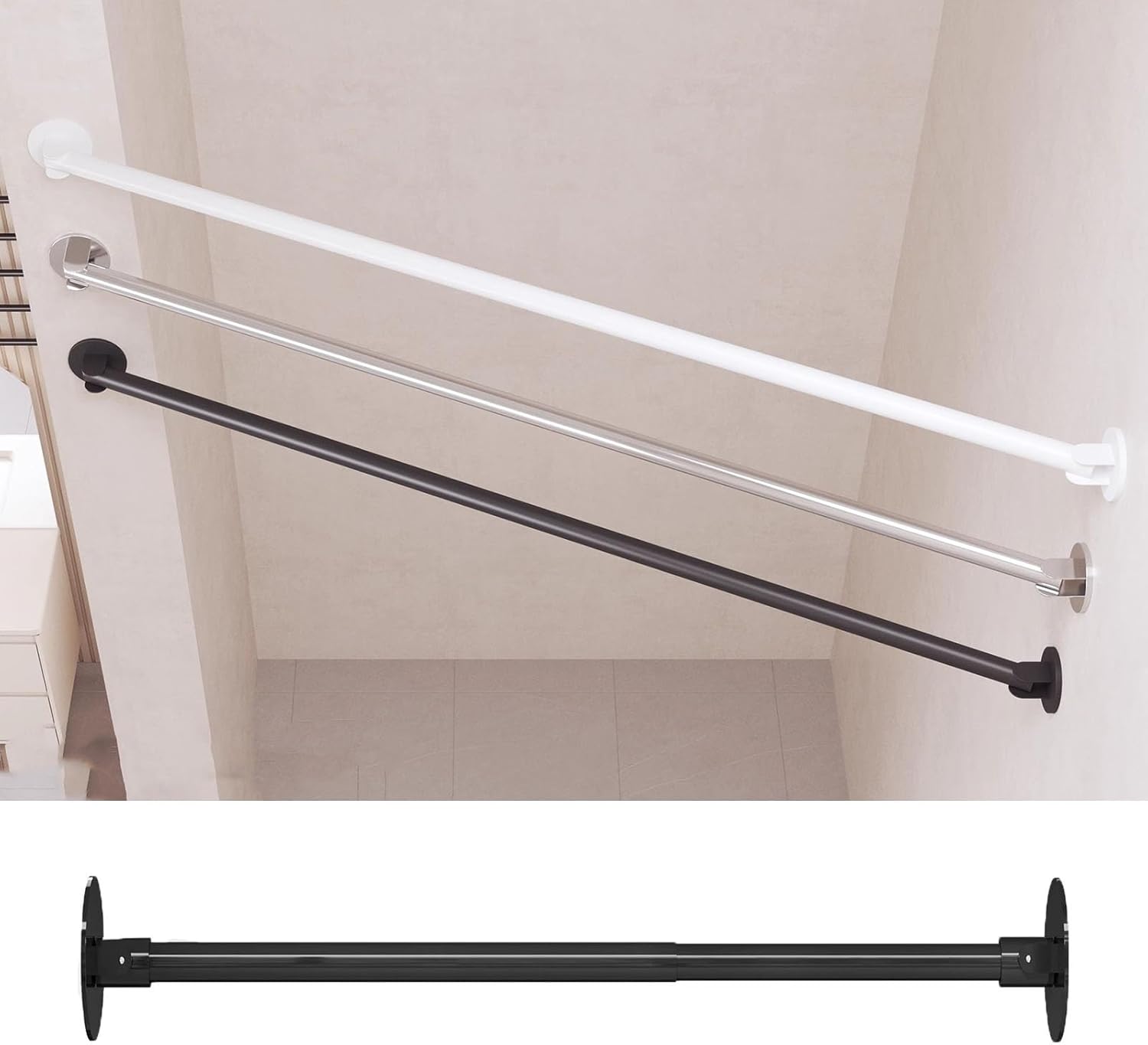 Retractable Angled Wall Closet Rod Support Bracket - Adjustable Corner Shower Curtain Rod, Cut to Length for Bathroom Privacy (Black, 15"-19" / 38-50cm)