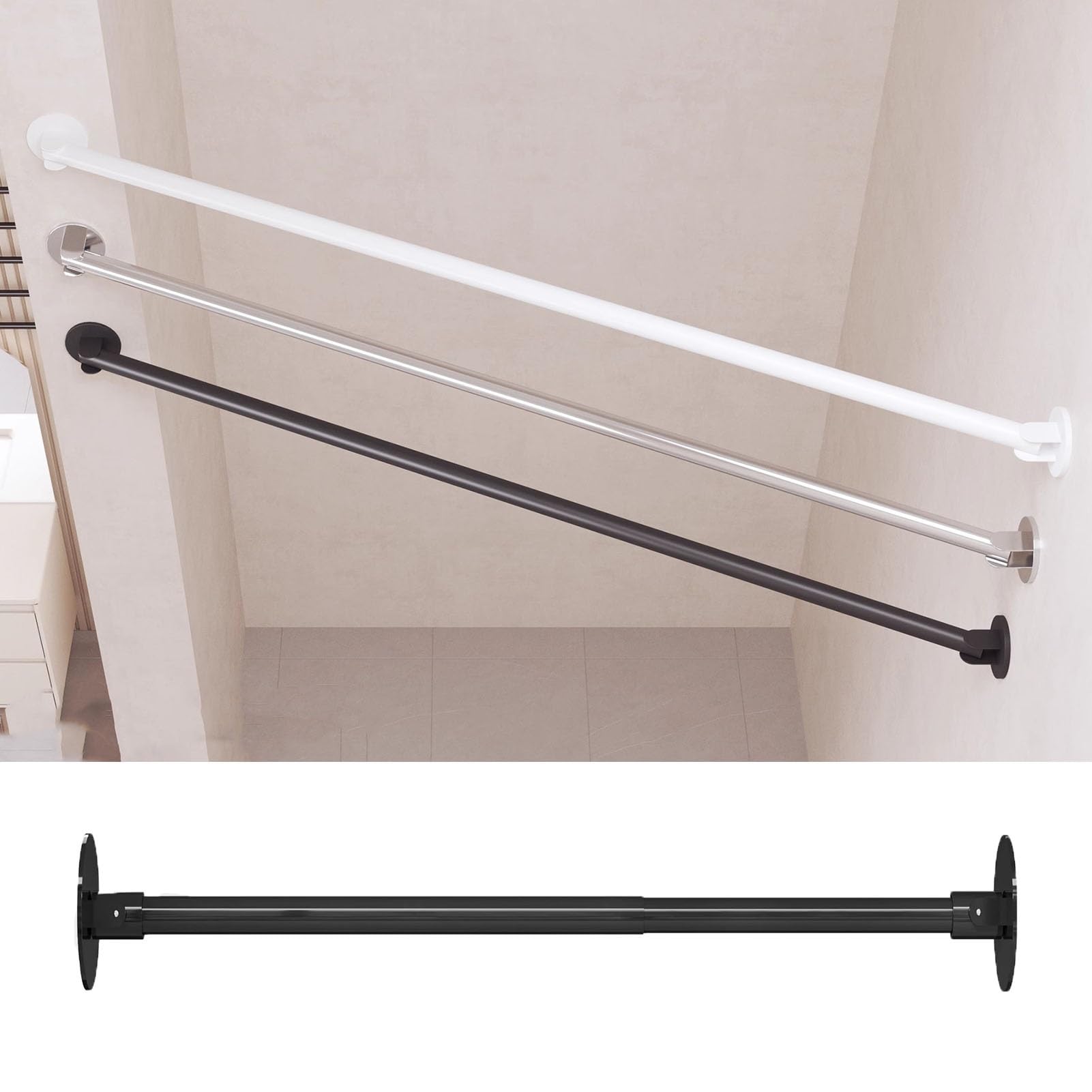 Soporte De Barra De Armario De Pared En Ángulo Retráctil, Cortina De Ducha De Esquina Cortada A Medida for Baño, Tubo Rivacy(Black,130-210cm(51"-82"))