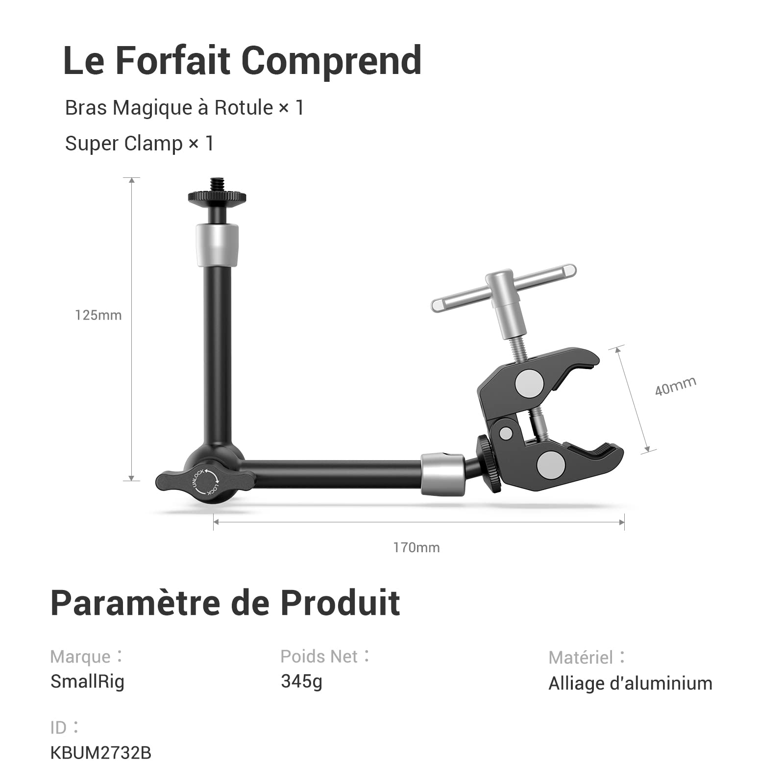 SMALLRIG Super Clamp et Bras Magique Articulé à Friction Réglable de 10 Pouces avec Vis 1/4" pour Moniteur LCD/Lumières LED - 2732B
