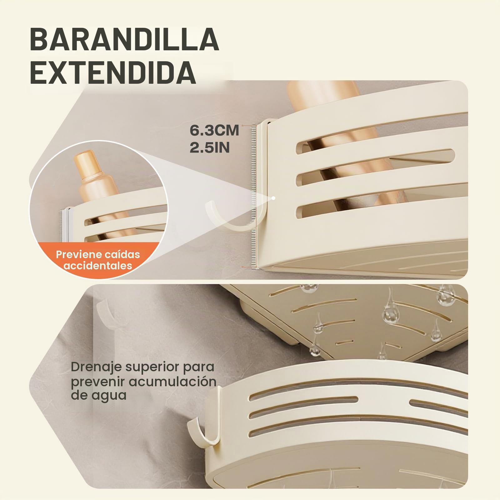 Lekesky Estante Ducha sin Taladro Esquina con Toallero y Ventosas Fuertes, Aluminio Antioxidante y Extraíble, Ideal como Estantería de Baño y Organizador Ducha para Baño y Cocina, 2 Uds, Crema