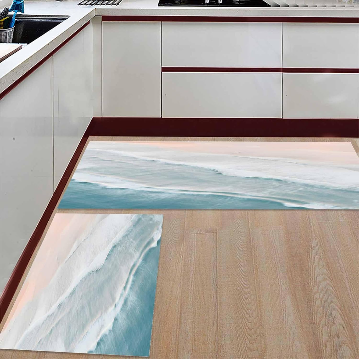 2 Pieces Kitchen Rugs and Mats,Summer Nautical Seaside Ocean Wave Area Runner Rug Set Non Slip Floor Doormat Washable Carpet Standing Mat for Kitchen Sink Indoor Corridor,Coastal Beach Theme