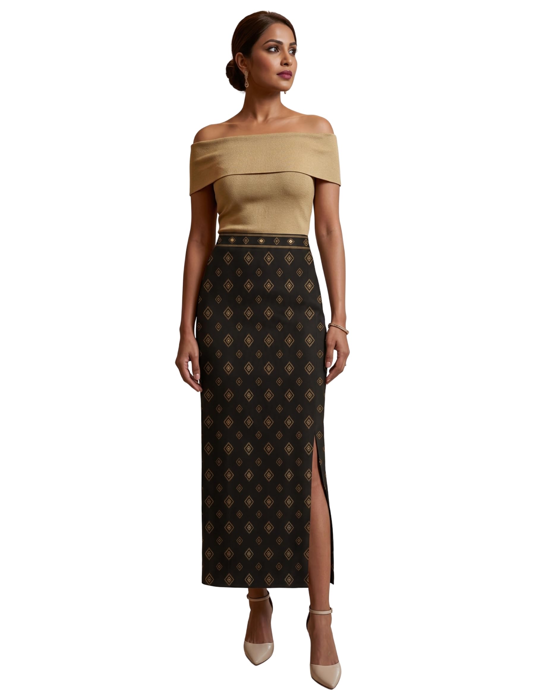 Printed Poly Spandex Pencil Skirt for Woman – Ikkat Motifs Print-picture-38