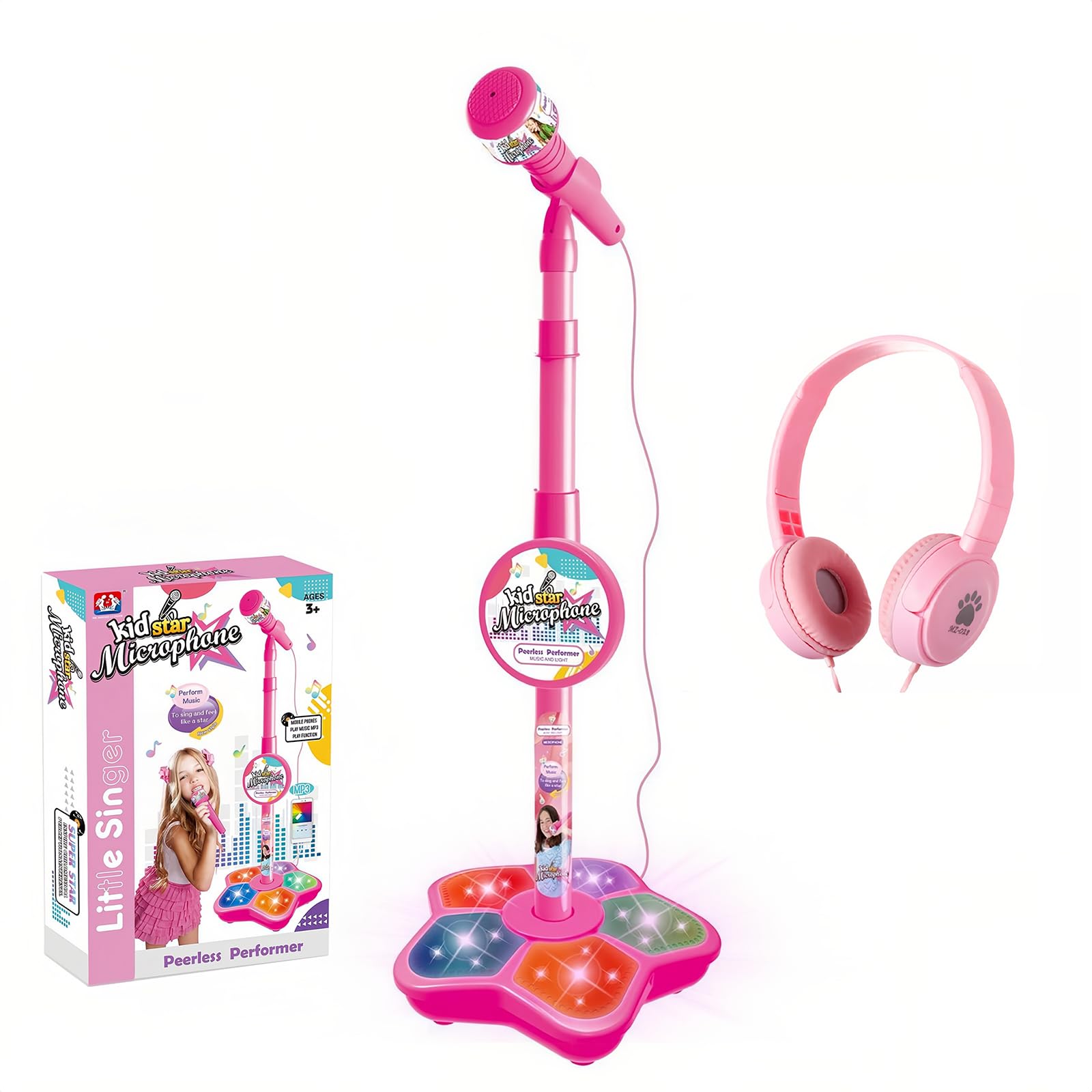 Micrófono de karaoke para niños con soporte ajustable, micrófono de pie para cantar portátil, auriculares retráctiles para cantar música, base de luz intermitente para niños y niñas de 3 a 6 años