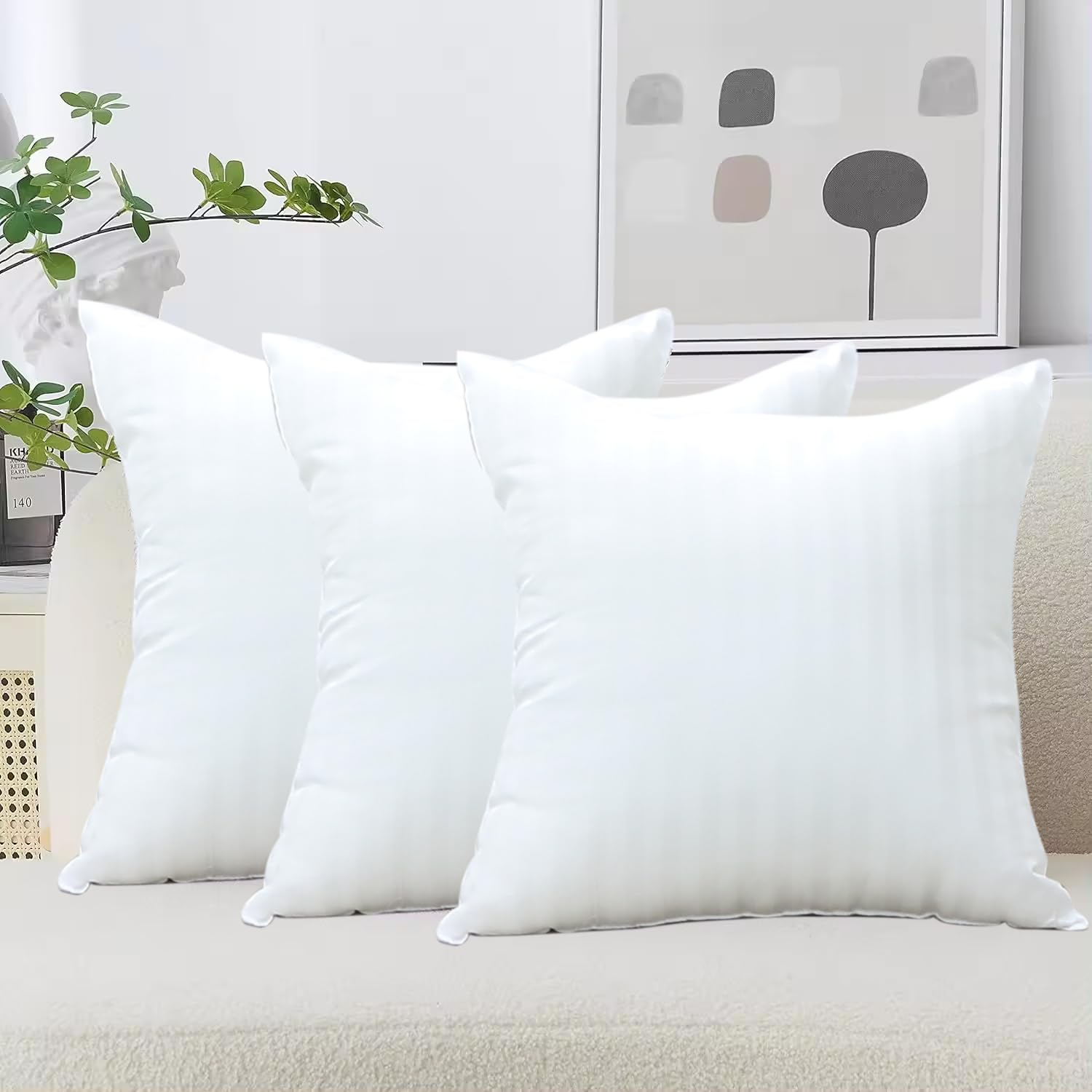 AVI Soft & Fluffy Micorfiber Filled Hotel Quality Premium Cushions Filler Set of 3, 20 x 20 Inch, Decorative Cushion for Sofa, Bed, Throw Pillow Insert, Office (White)