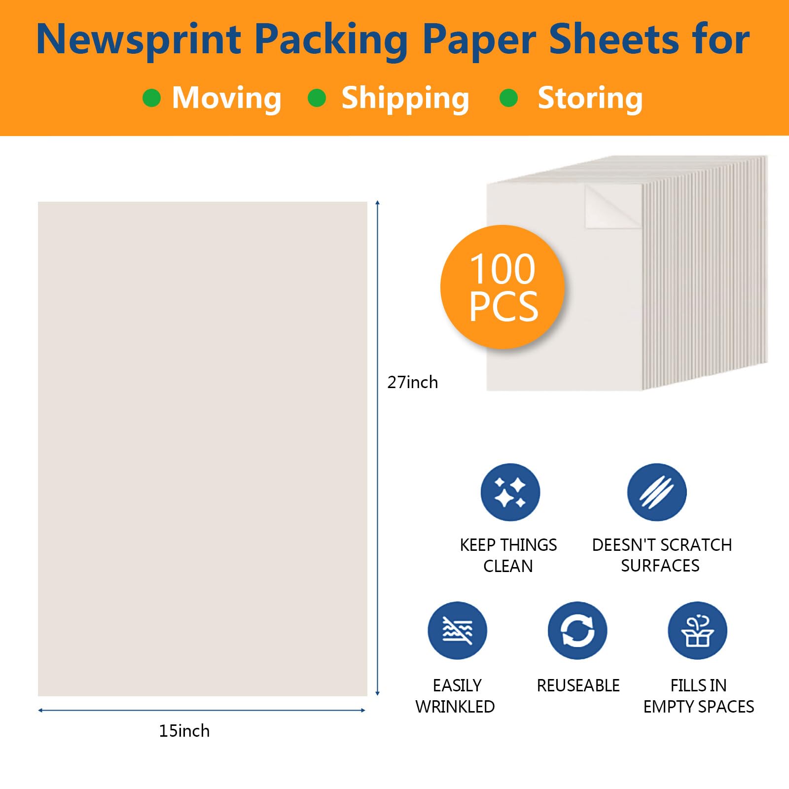 27"x15" Packing Paper Sheet for Moving Shipping Wrapping Packing Box Newsprint Paper Moving Paper Moving Supplies Protecting Delikatne przedmioty Glass China Dishes Packing (100 sztuk)