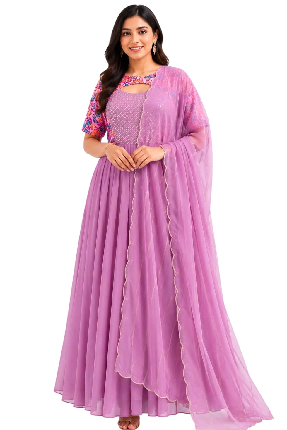 Lavender Georgette Ethnic Gown and Dupatta Set-image-43