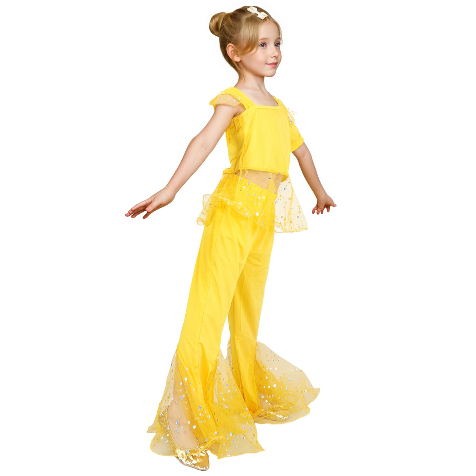 Baisdan Girls Belly Dance Costume India Belly Dance Arabian Princess Halloween Set Yellow 9-10 Years - Image 4
