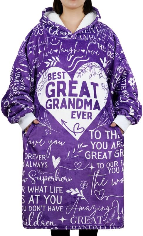 Great Grandma Gifts, Wearable Flannel Great Grandma Blanket Hoodie, Super Soft Warm Cozy with Giant Pocket - One Size Fits Most - Heart