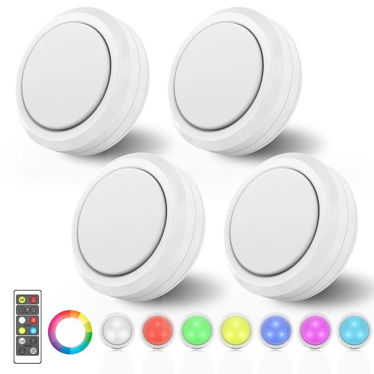 Moujuchi White Puck Lights, Rgb Under Cabinet Lights Wireless Led Lights Battery Operated Under Cabinet Lights Dimmable Rgb Night Light With Remote For Kitchen Closet Stair Shelf,4 Pack