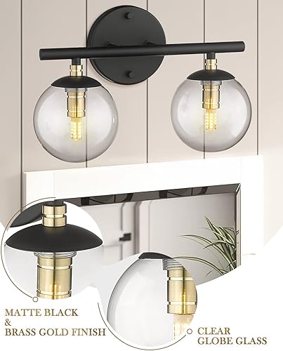 Miniatura 2 de LMS LMS-173 - Lámpara de baño con 2 luces, acabado negro y dorado de latón con cristal de globo transparente, LMS-173