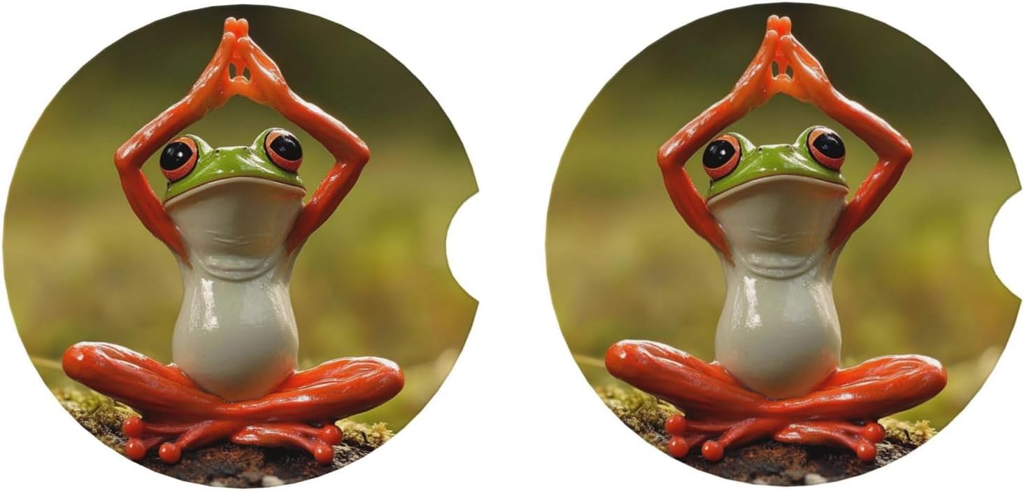 Ceramic Coasters for Drinks White Drink Coasters with Metal Holder The Funny Frog Doing Yoga Ceramic Coaster Set of 2 Tabletop Protection Mat for Home Decor