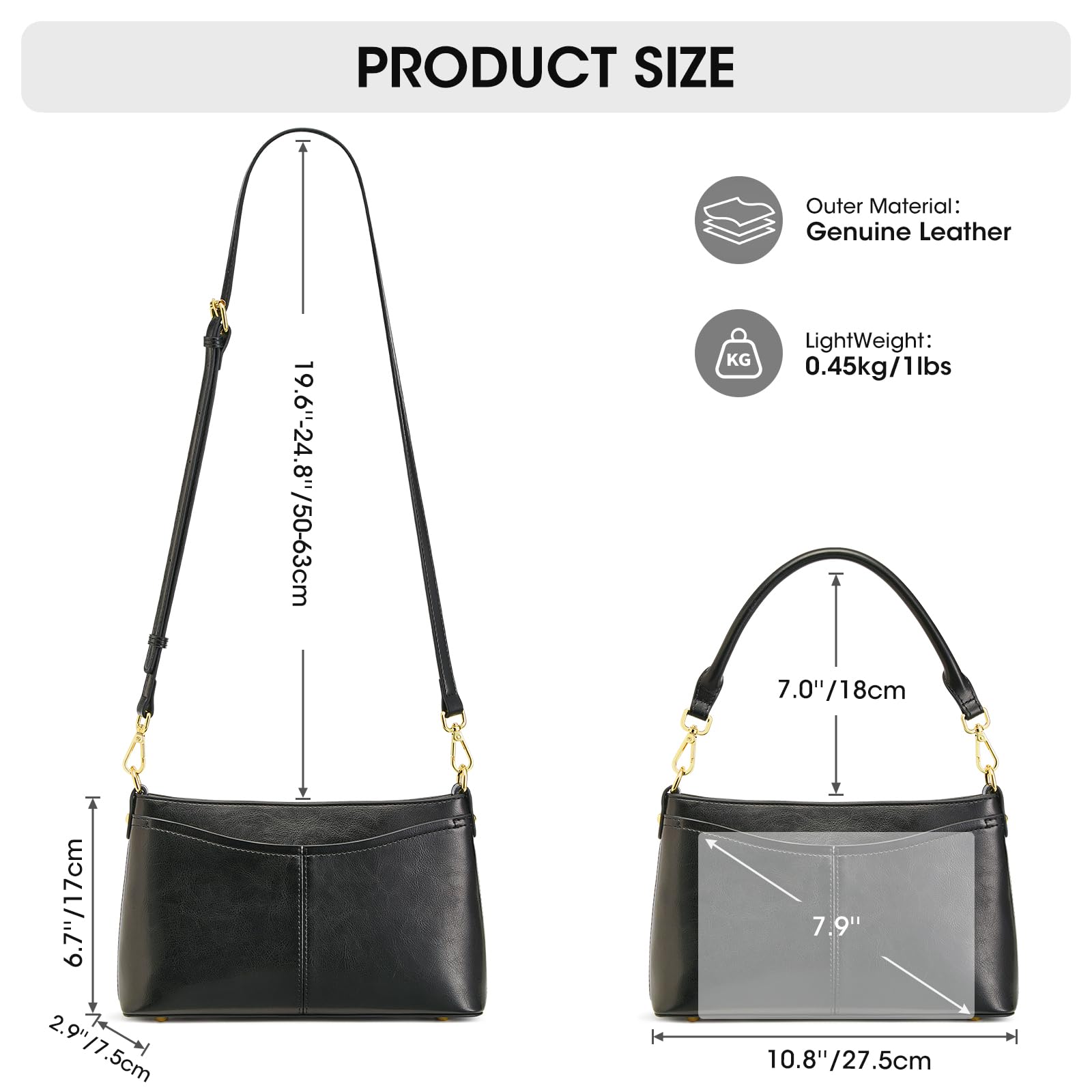 Kattee Handtasche Damen Klein, Crossbody Bag Damen aus Echtem Leder, Umhängetasche Damen mit Reißverschluss, Mini Hobo Bag mit 2 Abnehmbaren Riemen