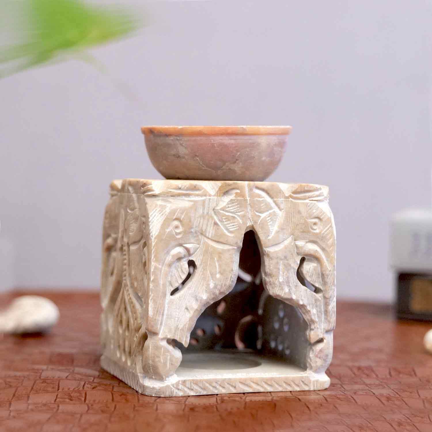 Kataria Creations Marble Oil Burner | Aroma Diffuser | Oil Diffuser | Handmade by Indian Artisans | Festive Gifting | Table Decor | Office Decor | Home Decor (4 Face Brown Elephant)