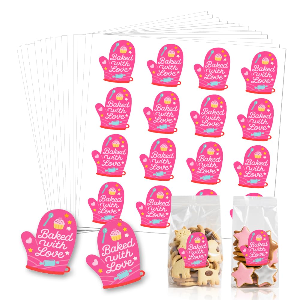 GOMAKERER 320 Pcs Baked with Love Stickers, Homemade Bakery Stickers Made with Love Sticker Self-Adhesive Gloves Labels for Packaging Bags Containers Businesses Gifts, 5 CM