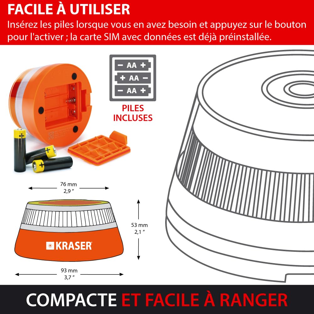 KRASER KRV16IOT Lumière d'urgence V16 Homologuée DGT 3.0 LED 360° Balise Magnétique avec Géolocalisation Avancé et carte SIM