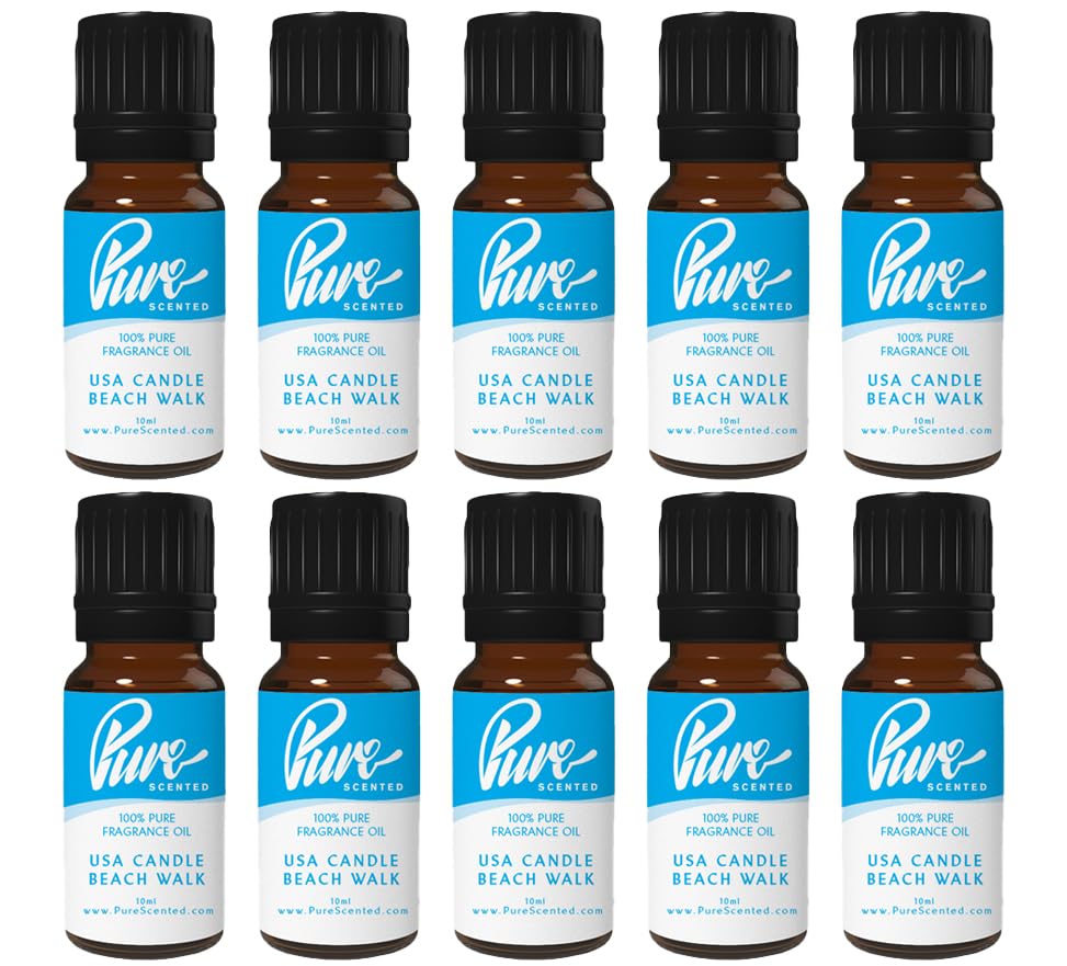 Pure Scented 100ml Fragrance Oils - 10 x 10ml Suitable for Candles, Soaps, Slime, Diffusers, Cosmetics, Wax Melts, Designer (10 x 10ml, USA Candle Beach Walk)