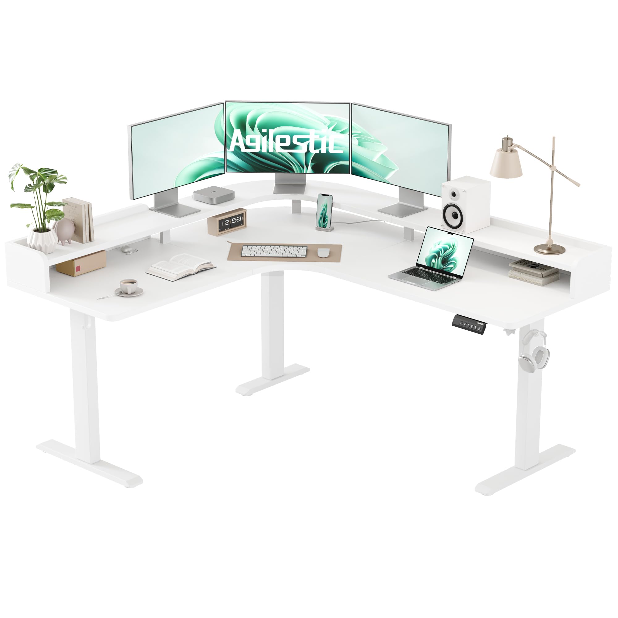 Agilestic L Shaped Standing Desk with Monitor Shelf, 63 Inch, White