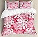 Ambesonne Luau Duvet Cover Set, Hibiscus Flower with Monstera Leaves Rainforest Plants Fresh Nature Motif, Decorative 3 Piece Bedding Set with 2 Pillow Shams, King Size, White Pink