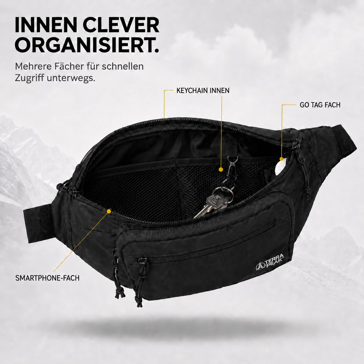 Terra Peak® Marsupio da 1,5 l, con scomparto geo-Tag – Marsupio da donna e uomo nero – Marsupio Hip Bag Fanny Pack Belt Bag Bag – Sport Escursioni Viaggi Festival, Crossbody, Imbottito