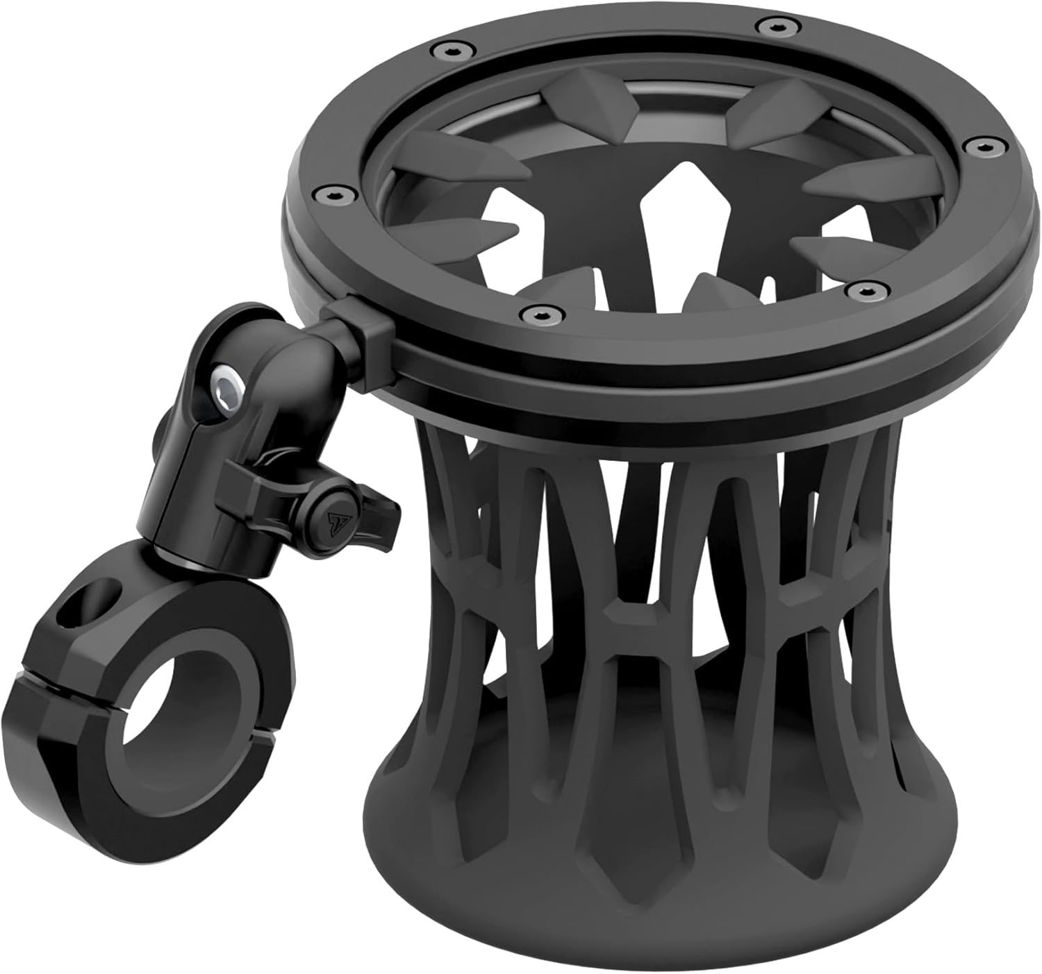 Tackform Black Motorcycle Drink Holder - Fits Bottles and Cans up to 3.25” in Diameter | Metal Enclosure with Rubber Net | BC3 Universal Clamp Fits 7/8" to 1-1/4" Handlebars | Short Reach Arm