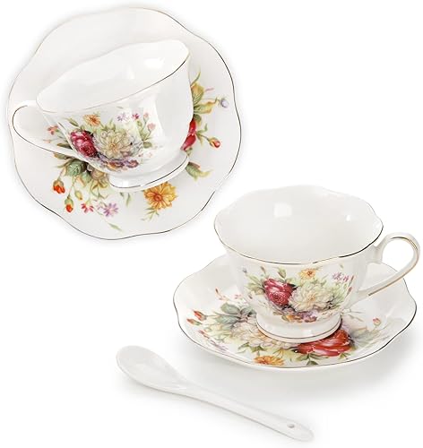 Miniatura 6 de Foraineam Juego de 6 tazas de té florales con platillos y cucharas, tazas de café y platillos con ribete dorado, taza de café con leche marfil de