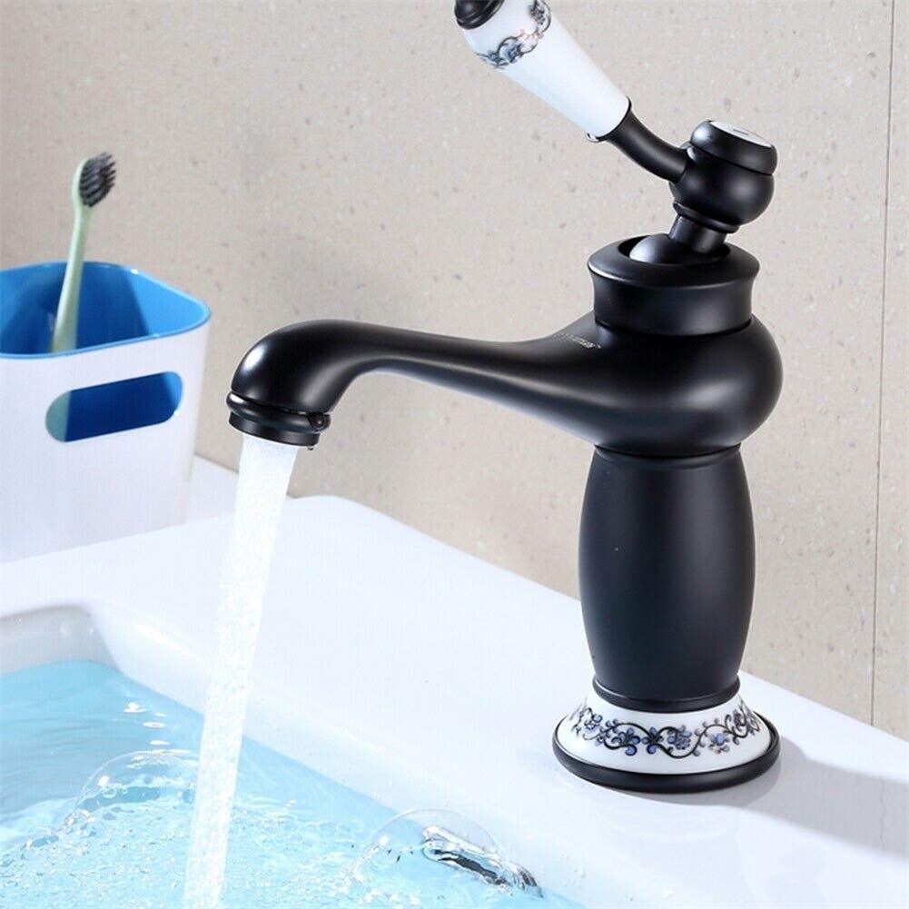 Grifo Lavabo Vintage de Cuenca Individual de Control de de Agua Caliente Fría Rústico Baño Grifo Lavabo Antiguo Cerámica Floral con Mezclador Monomando para Lavabo de Cocina (Negro)