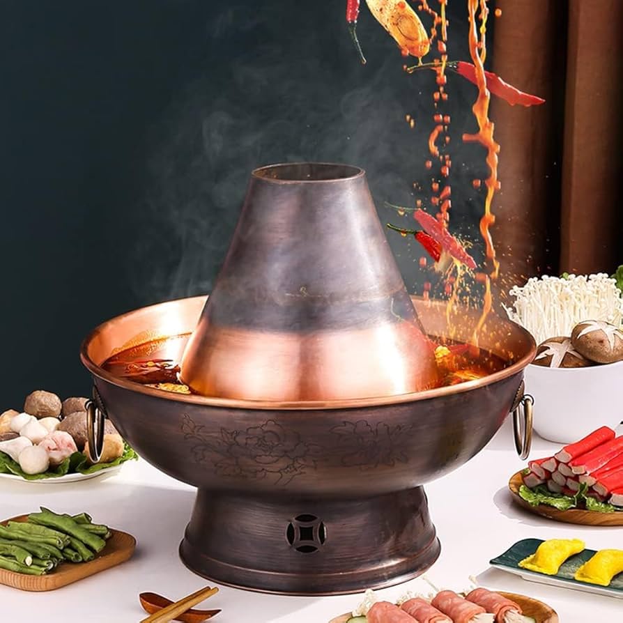 中国の銅鍋、煙突付きヴィンテージしゃぶ鍋クッカーパン炭ストーブ調理
