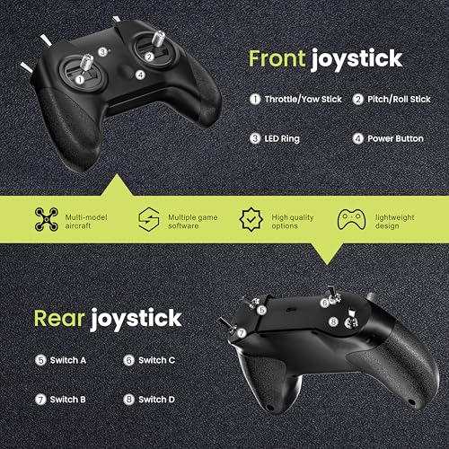 Image of FLYDrone S8 Drone Flight Simulator Controller for FPV Beginner Pilots Training, 8 Channel Metal Joystick,Supports for DRL /Uncrashed /Liftoff /DCL /VelociDrone /Flight Simulator Software, Mode 2 (Black)