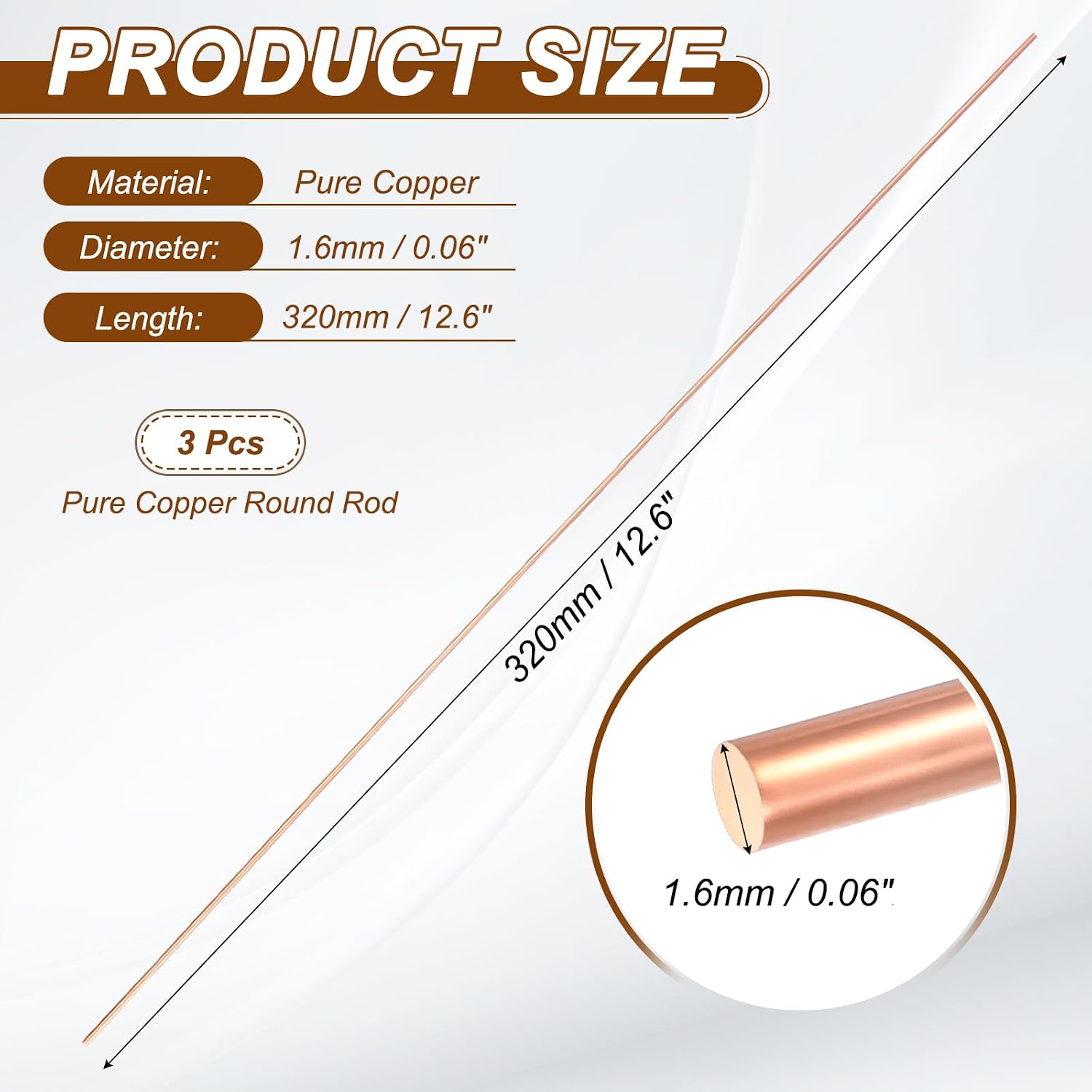 PATIKIL 3Pcs 99.99% Pure Copper Round Rod, 1.6mm / 0.06" Dia 12.6" Length Bare Copper cu Metal Rod Lathe Bar Stock for DIY Metal Craft Hobbies Gardening Industry Decoration