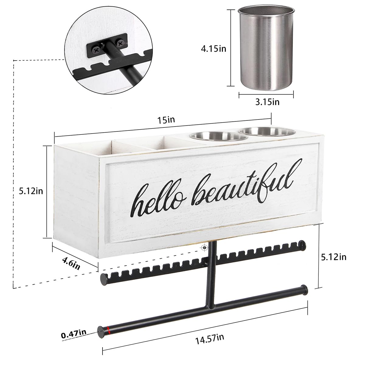 Soporte rústico para secador de pelo montado en la pared, organizador de herramientas y accesorios para peinar el cabello, suministros de baño y herramientas calientes, organizador de tocadores, para