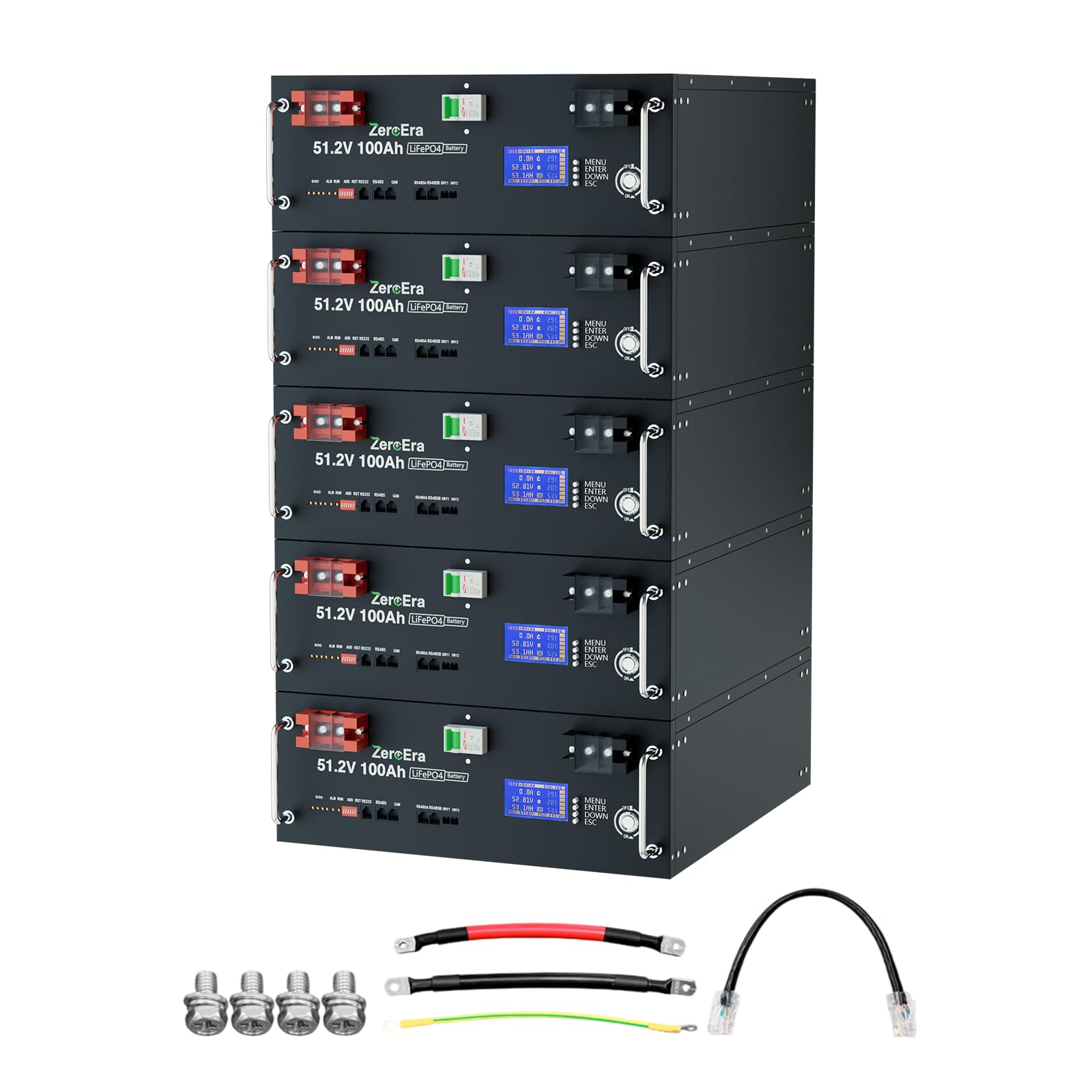 Akumulator LiFePO4 48V 100Ah,Akumulator 5,12 KWh Szafy Serwerowej 3U,BMS 100A,Inteligentny Wyświetlacz,RS485/CAN,Ponad 15000 Cykli Głębokiego Rozładowania,Obsługa Komunikacji z Falownikiem (5 * 48V)
