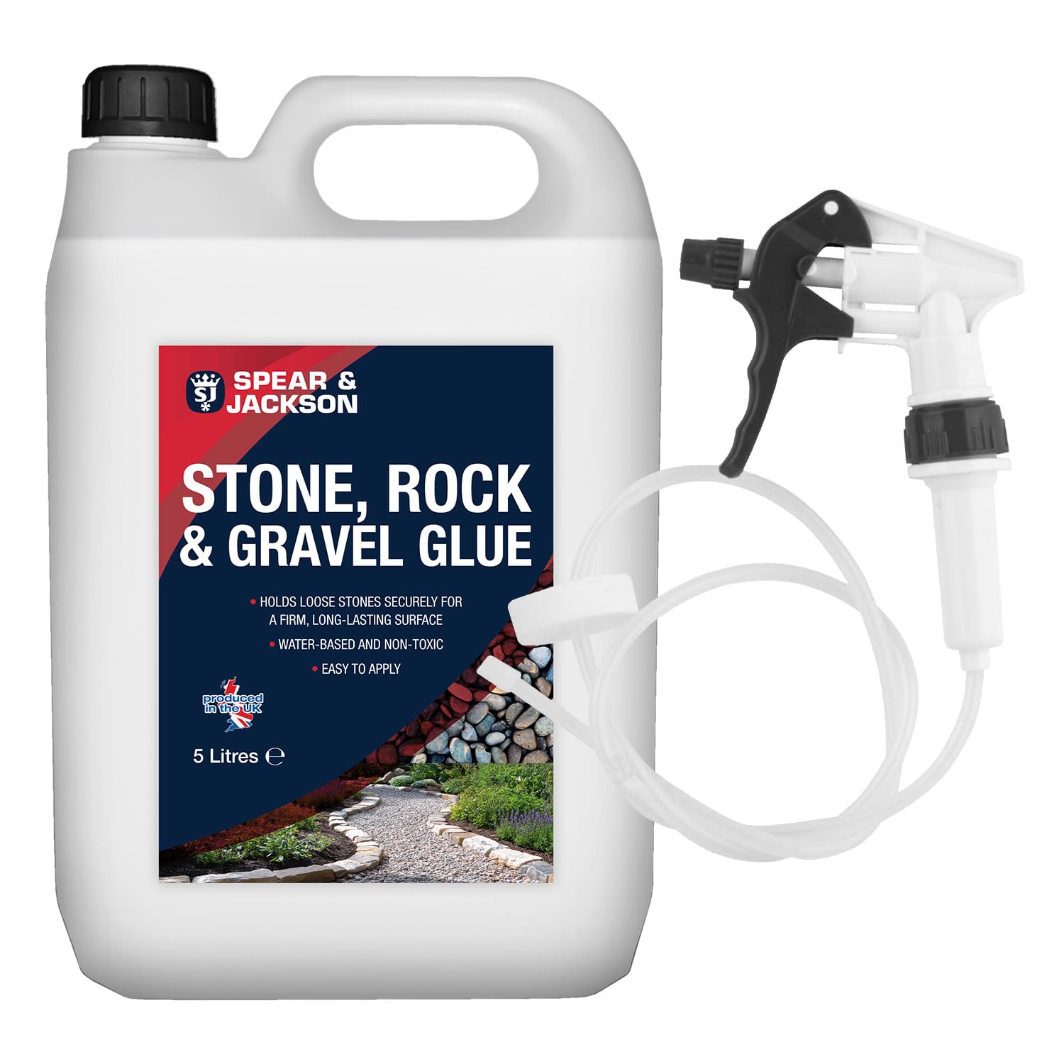 Spear and Jackson Stone, Rock and Gravel Bonding Glue, 5 Litres with Long Hose trigger, Water-Based Non-Toxic Formula, Ready to Use, for Paths, Patios and Decorative Areas