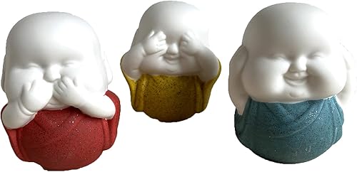 Miniatura 4 de Estatua de Buda, juego de 3 estatuas de monje budista, monjes sabios lindos de cerámica, estatuas de escucha ver hablar y no mal, figura de la