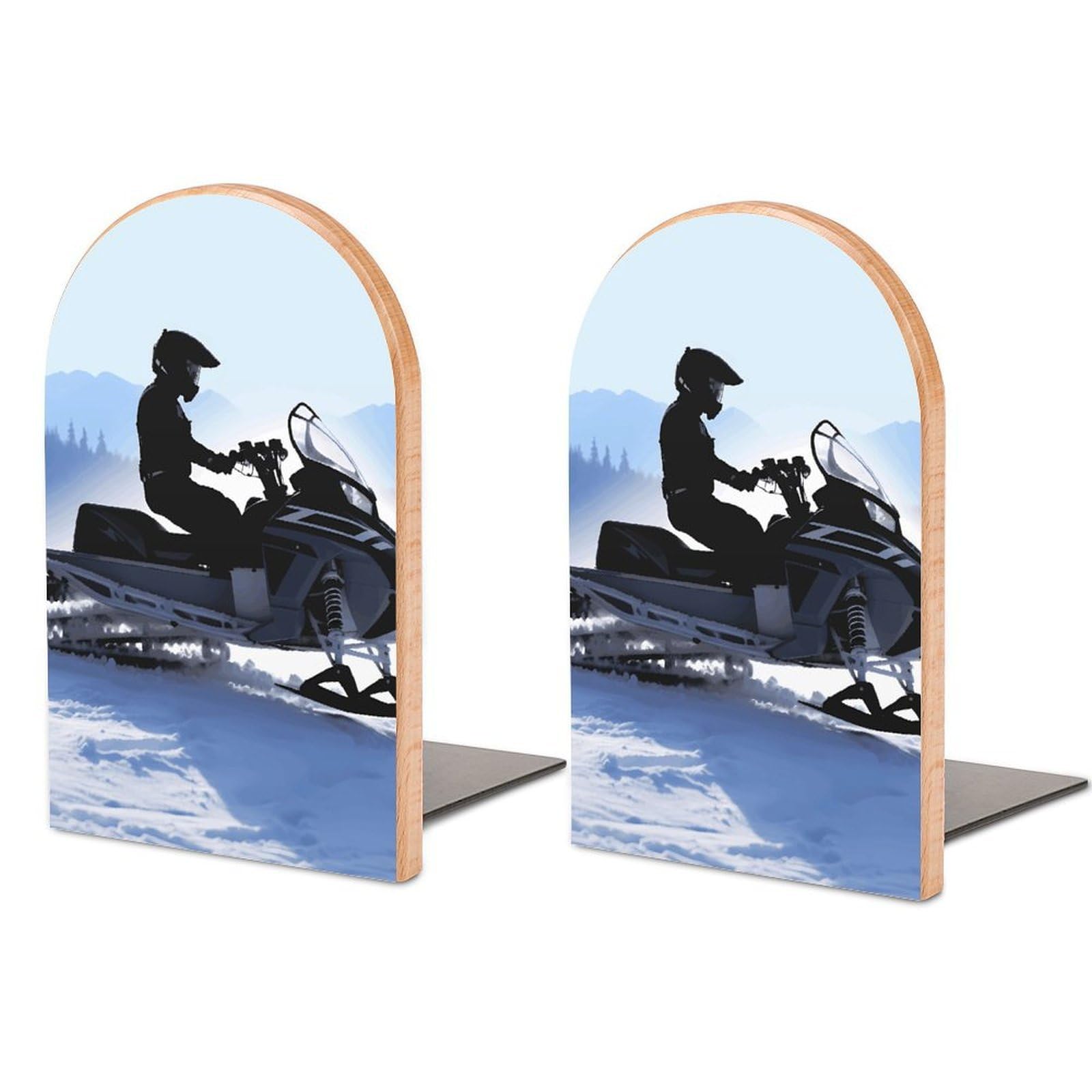 Beech Wood Book Ends Snowmobile Printed Bookend for Shelves Home Decorative Bookends for Heavy Books for Office Bookshelves