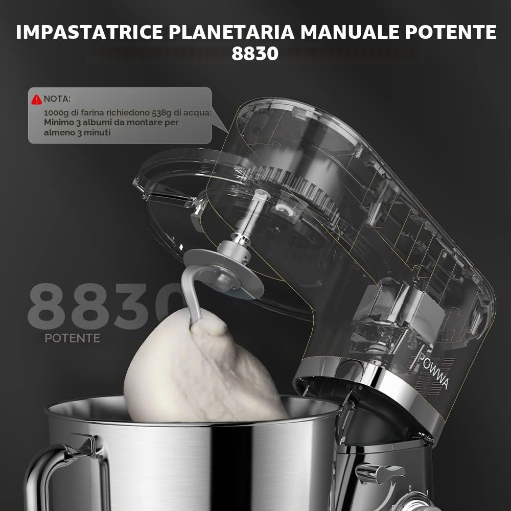 Impastatrice Planetaria, POWWA 5.5L Robot da Cucina, 6+1 Multifunzione Impastatrice Professionale con Frusta, Gancio per Impastare, Frusta per Dolci, Ciotola di Acciaio Inossidabile (Nero)