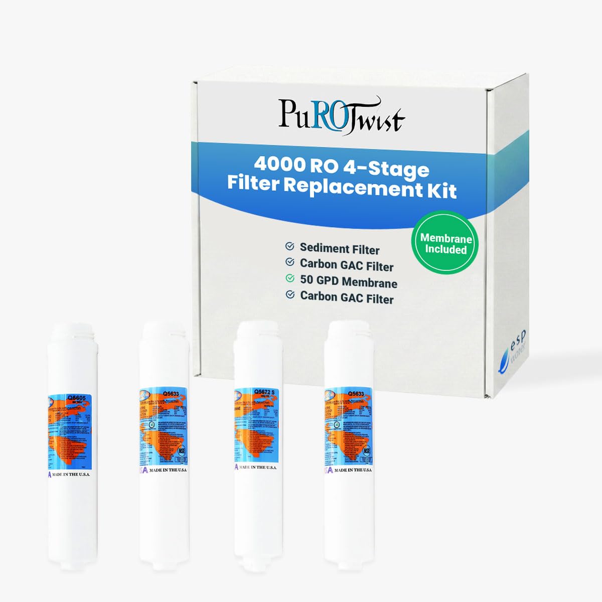 PuROTwist 4000 Kit de repuesto de filtro RO completo con membrana de ósmosis inversa de 50 GPD (YSM-PURO4T50)