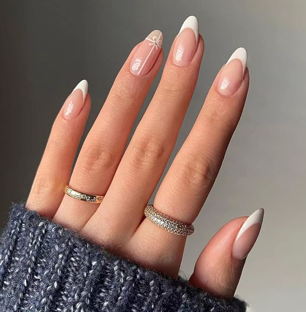 Vatocu Oval Glossy False Nails French Pink Fake Nails Short White Lines Press on Nails Nude Flower Acrylic Stick on Nails for Women and Girls (24pcs)