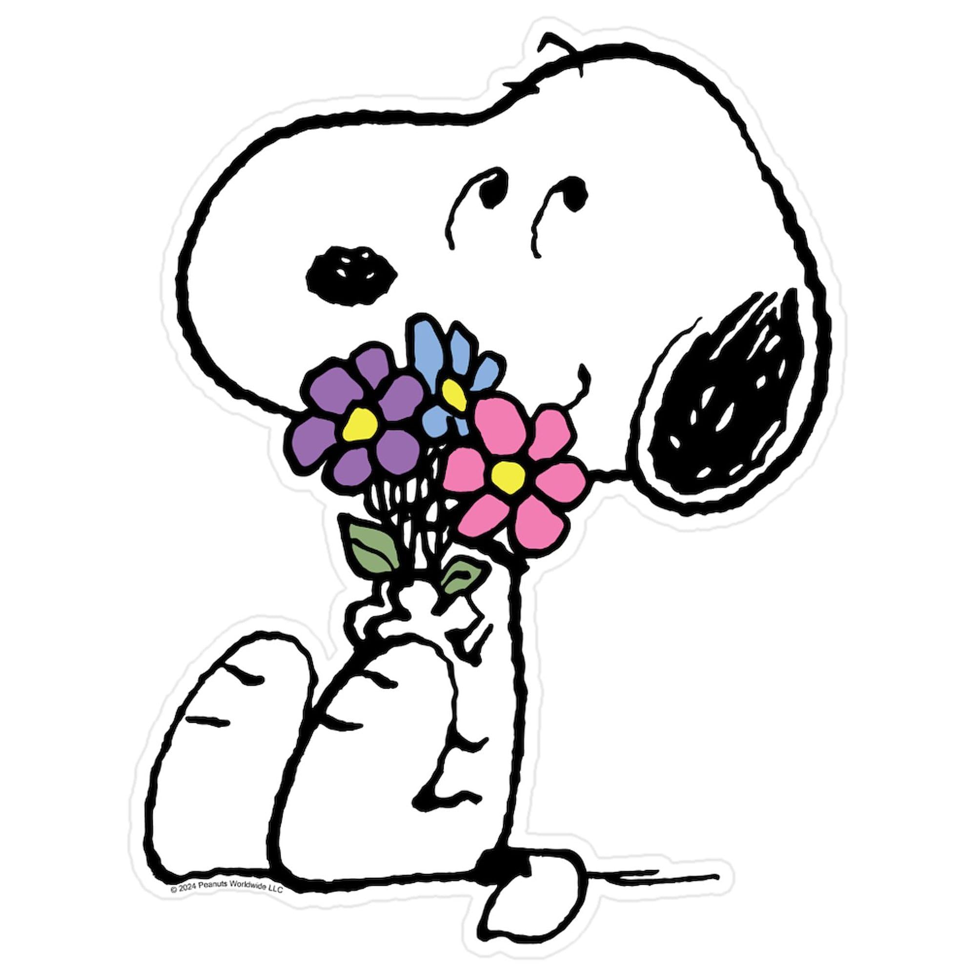 CafePress Snoopy with A Flower Bouquet Large Die Cut Sticker, 8.75" x 8.75" Glossy Finish