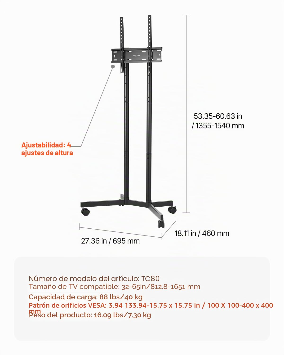 VEVOR Soporte de TV Enrollable para Televisores Planos y Curvos de 812,8-1651 mm, Soporte de TV Portátil de Altura Ajustable Capacidad de Peso de 40 kg (máx. VESA 400 x 400 mm) para Sala de Estar