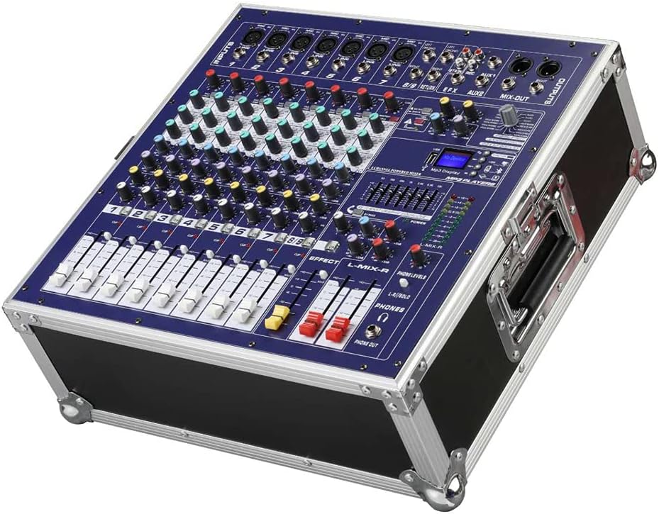 Recordio GAX-960E DJ Mixer, angled view, showcasing the main control surface and the protective hard case.